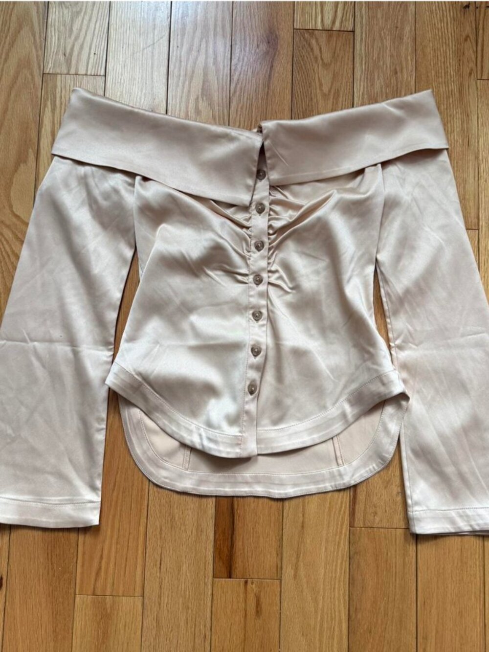 Anthropologie Off the Shoulder Collar Silky Shirt Beige Tan Button Front Ivory